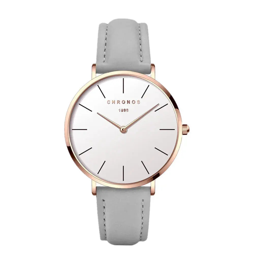 CHRONOS watch with rose-gold case and gray leather strap, minimalist unisex quartz wristwatch