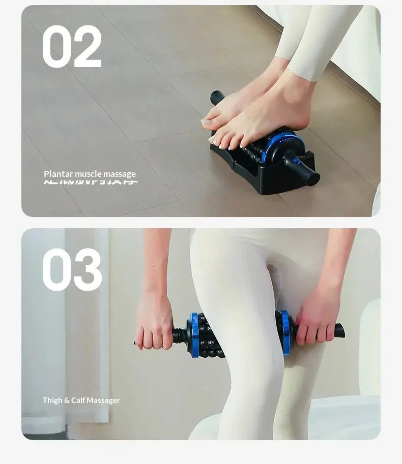 Rechargeable rolling percussive massager by Simples Market; blue and black handheld roller with base and 72 massage points