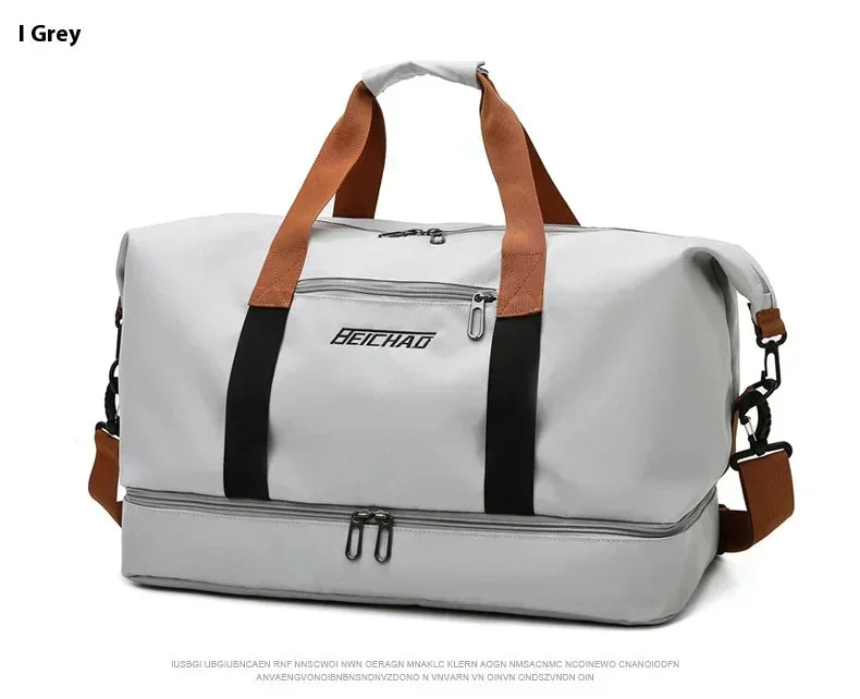 Beichao large-capacity travel gym bag, grey with brown dual top handles and removable crossbody strap.