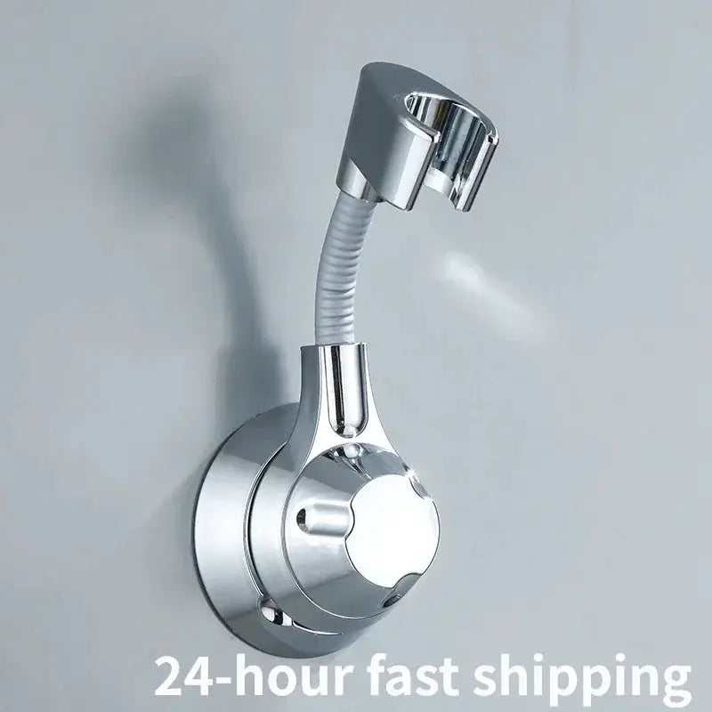 Suction cup shower head holder in chrome with flexible neck and adjustable multi-angle rotation