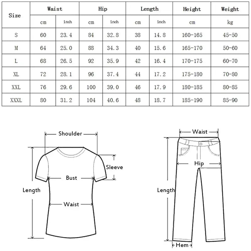 Mens compression pants from Simples Market with size chart showing waist/hip/length; includes shirt and pants diagrams.