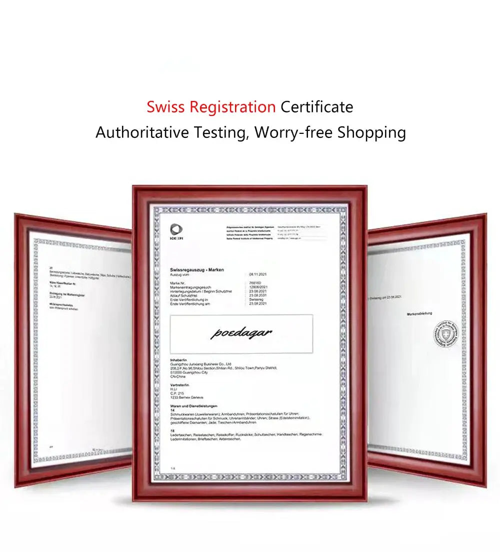 Three red wooden certificate frames displaying Swiss Registration Certificate documents