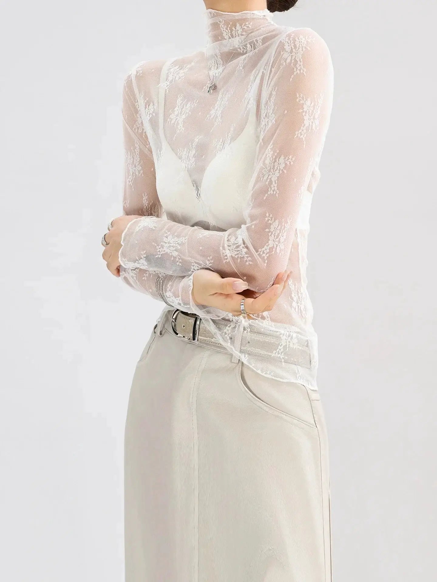 Sexy Women Mesh T Shirt See Through Top Lace Blouse Long Sleeve O Neck Sheer Crop Tee For Night Club Party
