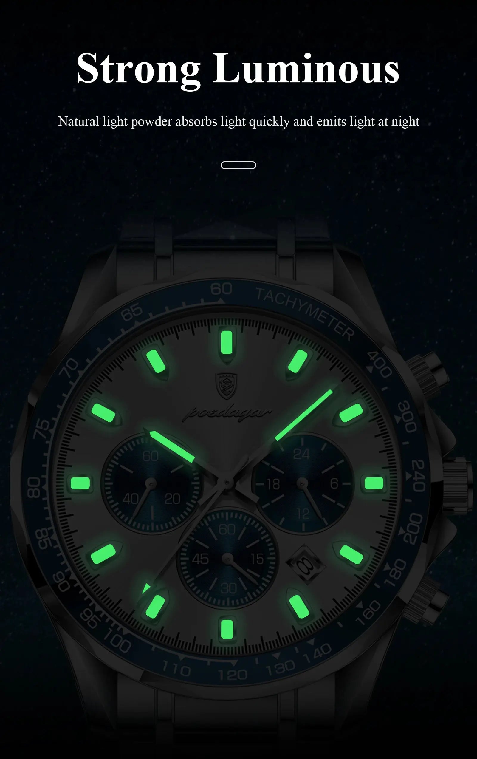 POEDAGAR men's luxury stainless steel waterproof watch with green luminous hands, chronograph dials and tachymeter bezel