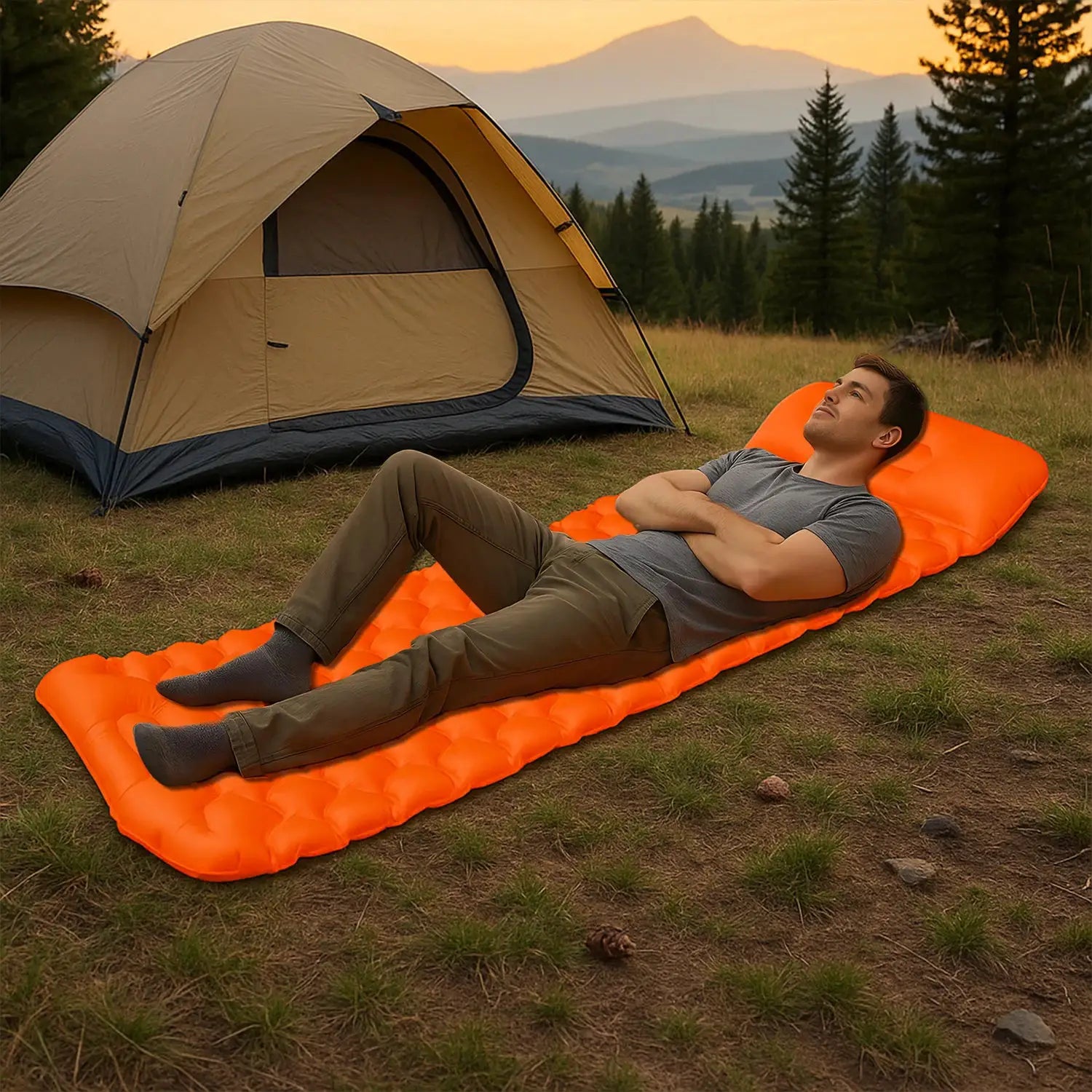 Inflatable sleeping pad, ultralight orange camping mat, near a beige tent.