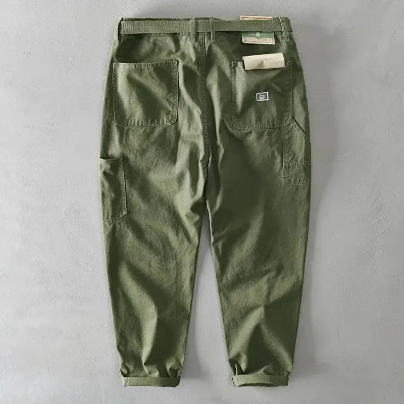 Men's cargo pants, olive green pure cotton with belt and multiple pockets, Simples Market