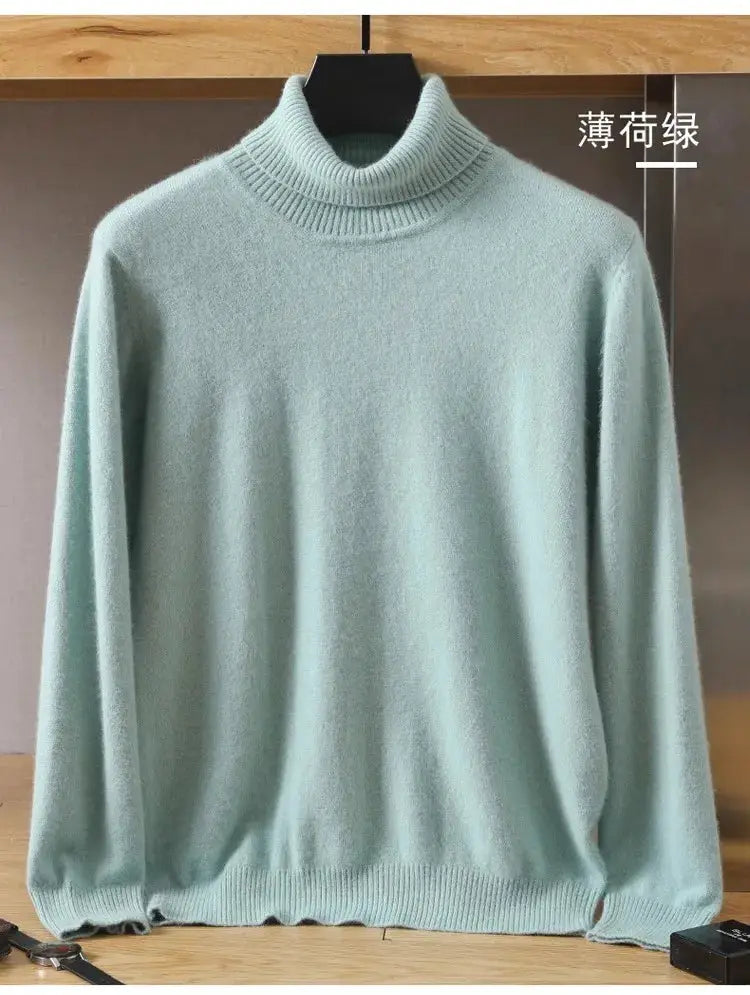 Men's mink velvet cashmere sweater in mint green; ribbed turtleneck, long-sleeve knit pullover