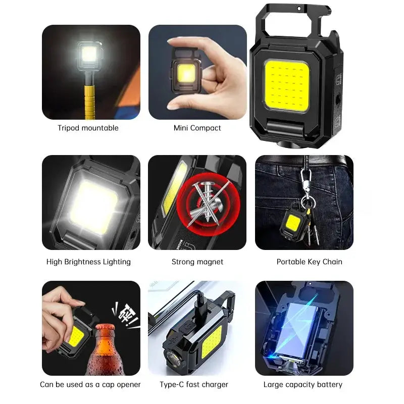 Simples Market mini flashlight keychain with COB work light, USB rechargeable, 90° foldable side lights