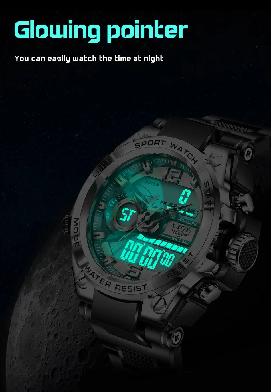 LIGE men's military digital LED watch with green glow display and stainless steel case and bracelet