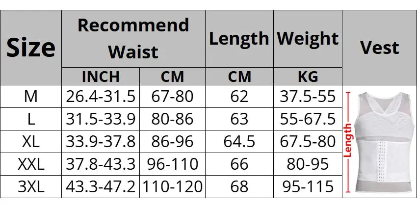 CXZD waist trainer muscle girdle shirt for men, Simples Market white mesh corset vest with hook closure, size chart
