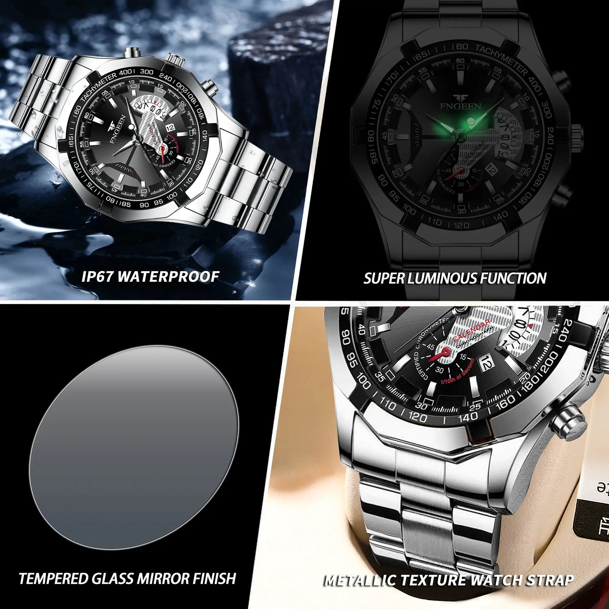 Two BINBOND original quartz men's watches with stainless steel straps, luminous dials and waterproof design