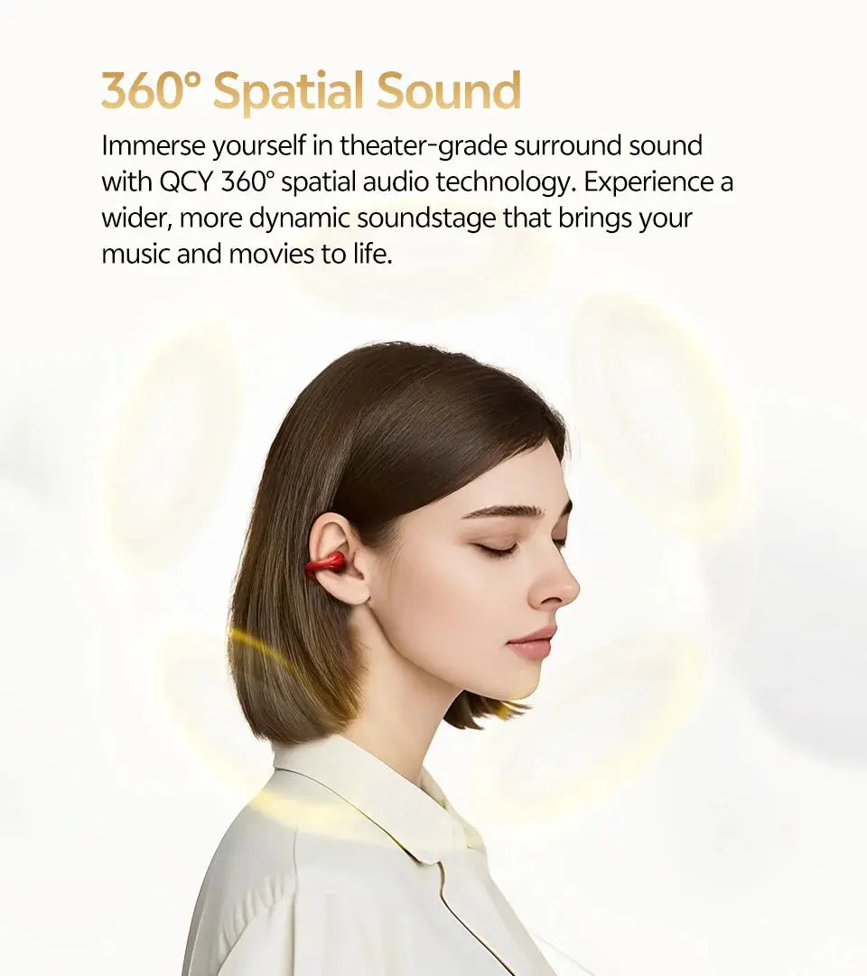 QCY Crossky C30S open-ear wireless earphones with a red ear clip worn by a woman.