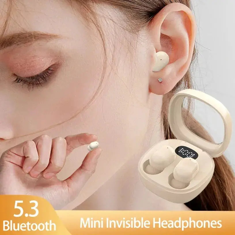 VIKEFON Bluetooth 5.3 mini wireless earbuds in beige with charging case from Simples Market