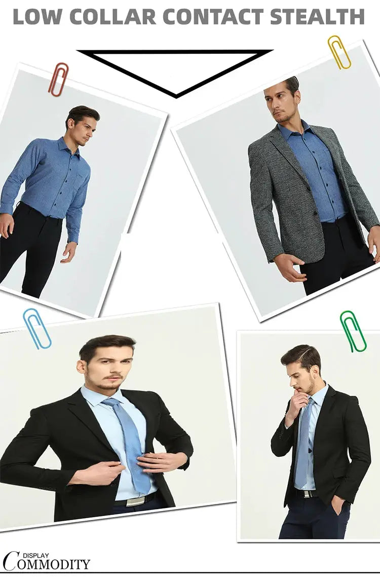 Simples Market 3D fake-muscle undershirt body shaper for men; collage of four models in blue shirts and suits