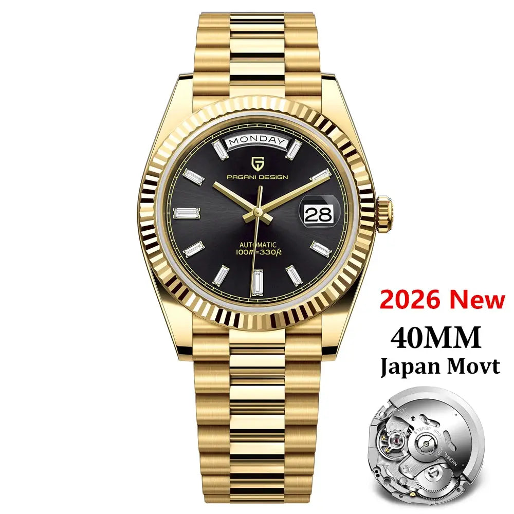 Pagani Design DD40 gold-tone stainless steel automatic watch with black dial, day/date window, 40mm, Japan movt.