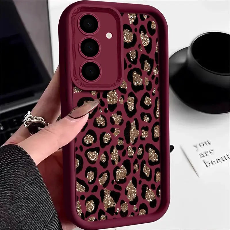 Brown leopard print TPU phone case with gold glitter accents for Samsung Galaxy A17/A57/A56/A16/A55/A15/A36/A26 5G and S23/S24/S25 series