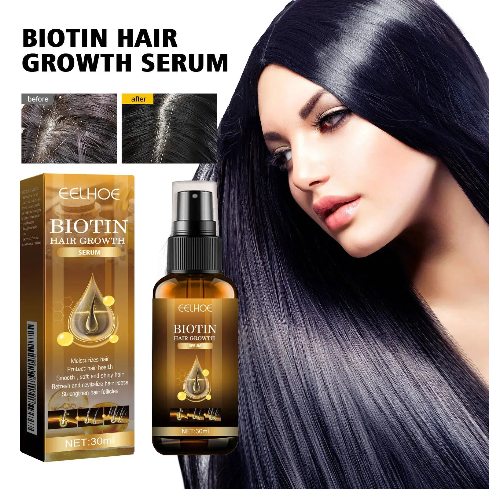 EELHOE Biotin Hair Spray For Man Women 30ml Hair Growth Repair Damage Restore Oil Scalp Repair Serum Spray Thicken Hair Care