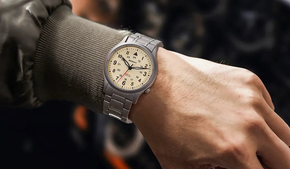 BERNY titanium men's field watch on a metal bracelet with beige dial