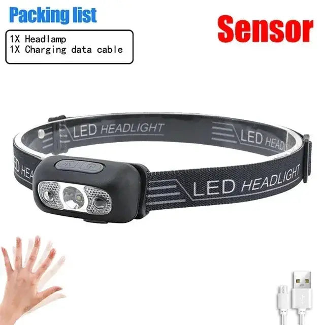 Strong Light Sensor USB C Rechargeable LED Headlamp Hands Free Portable For Camping And Outdoor Activities