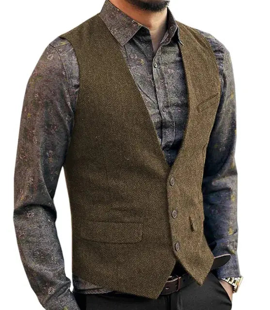 Simples Market deep V-neck brown herringbone waistcoat for men, slim-fit vest