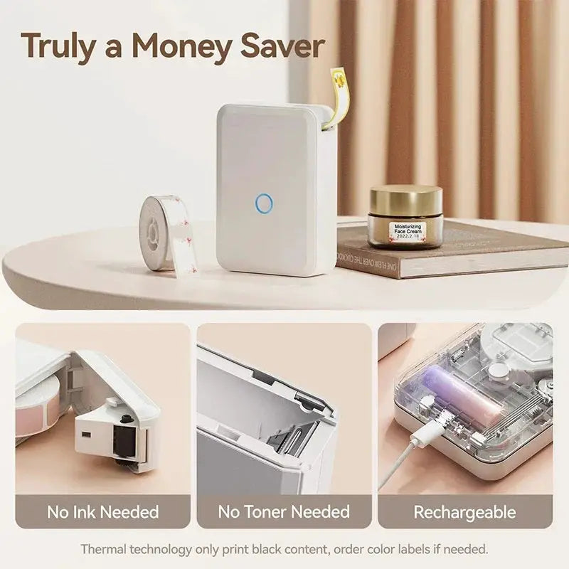 Niimbot D110 portable mini label printer by Simples Market, white compact inkless thermal label maker with blue ring.