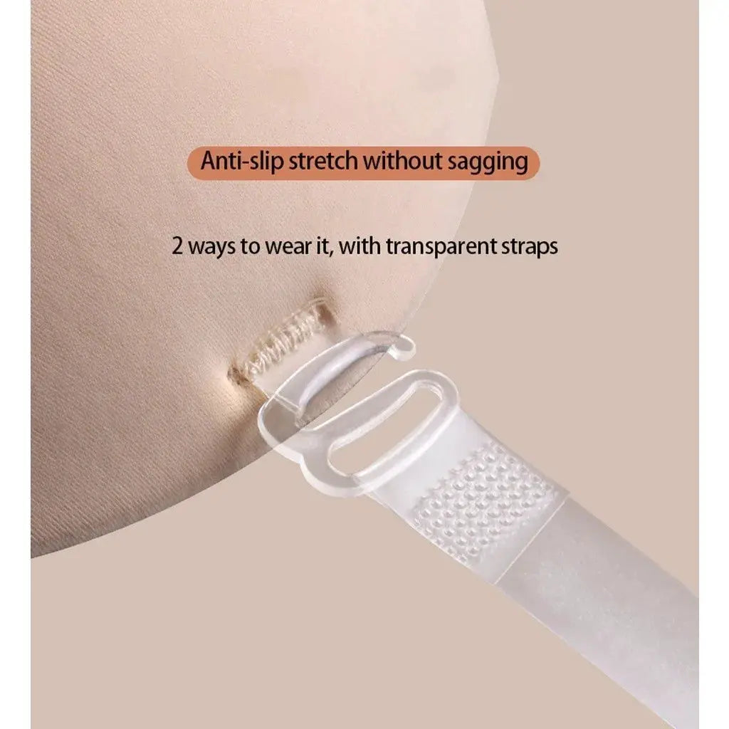 Simples Market adhesive padded strapless bra with transparent straps; skin-tone, front-closure lift tape.