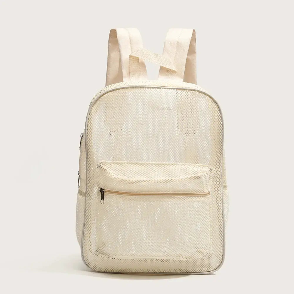 Women's mesh breathable backpack in beige with front zip pocket; Simples Market.