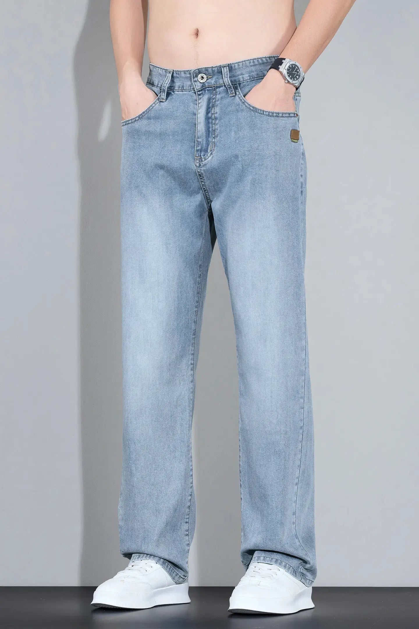Lyocell Ice Silk Jeans for men, light-wash denim straight-leg pants with soft drape