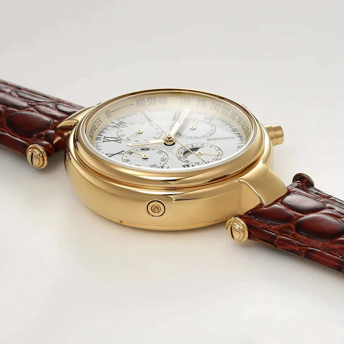 BERNY retro automatic men's watch with sun & moon phase, gold-tone case, white dial, brown leather strap