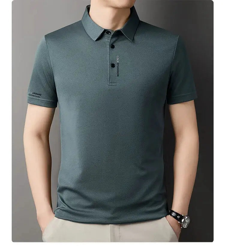 Men's polo shirt in teal ice-silk fabric, short sleeves with collar and button placket
