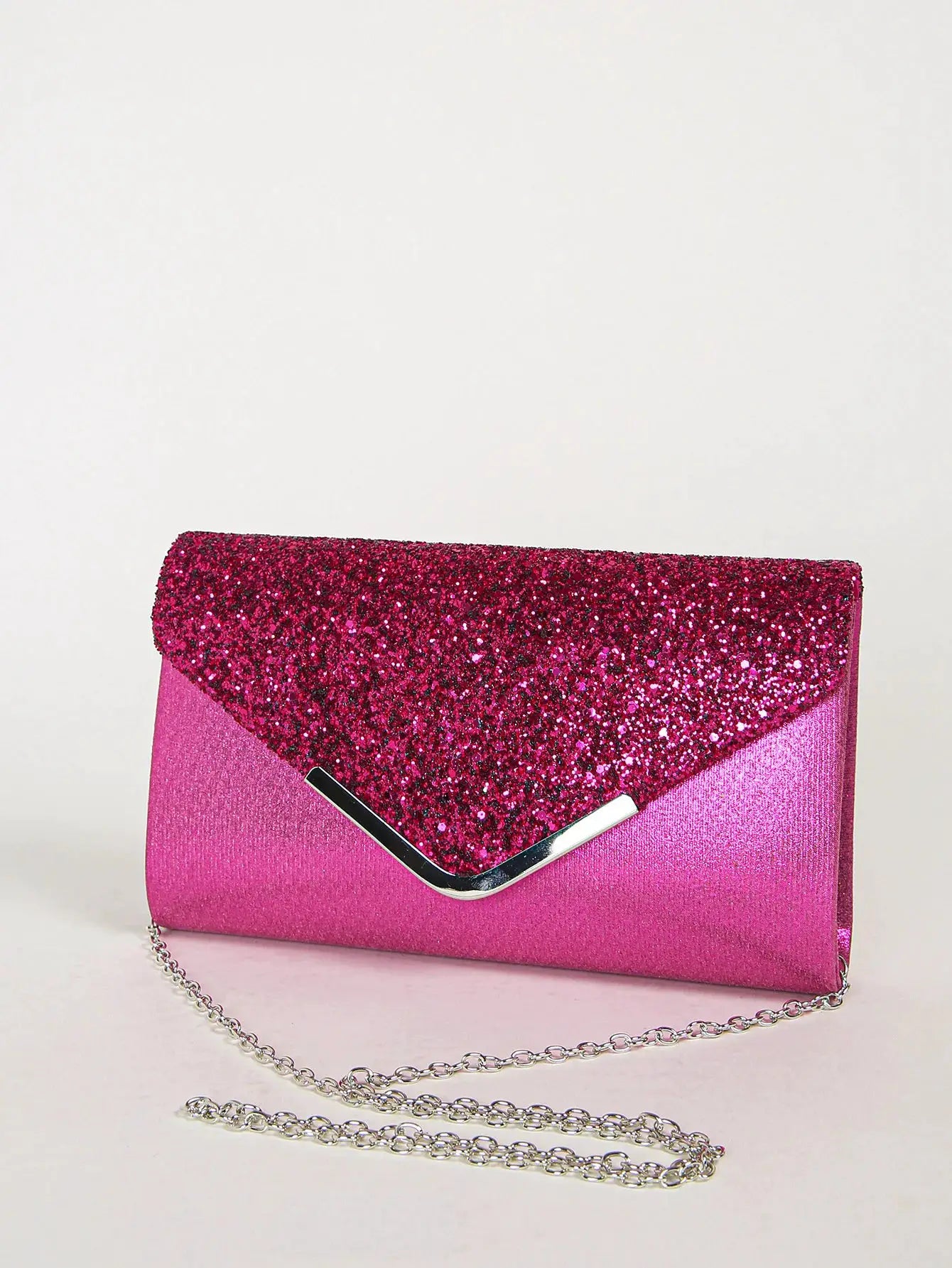 Women evening sequin envelope clutch with pink sparkle and chain strap