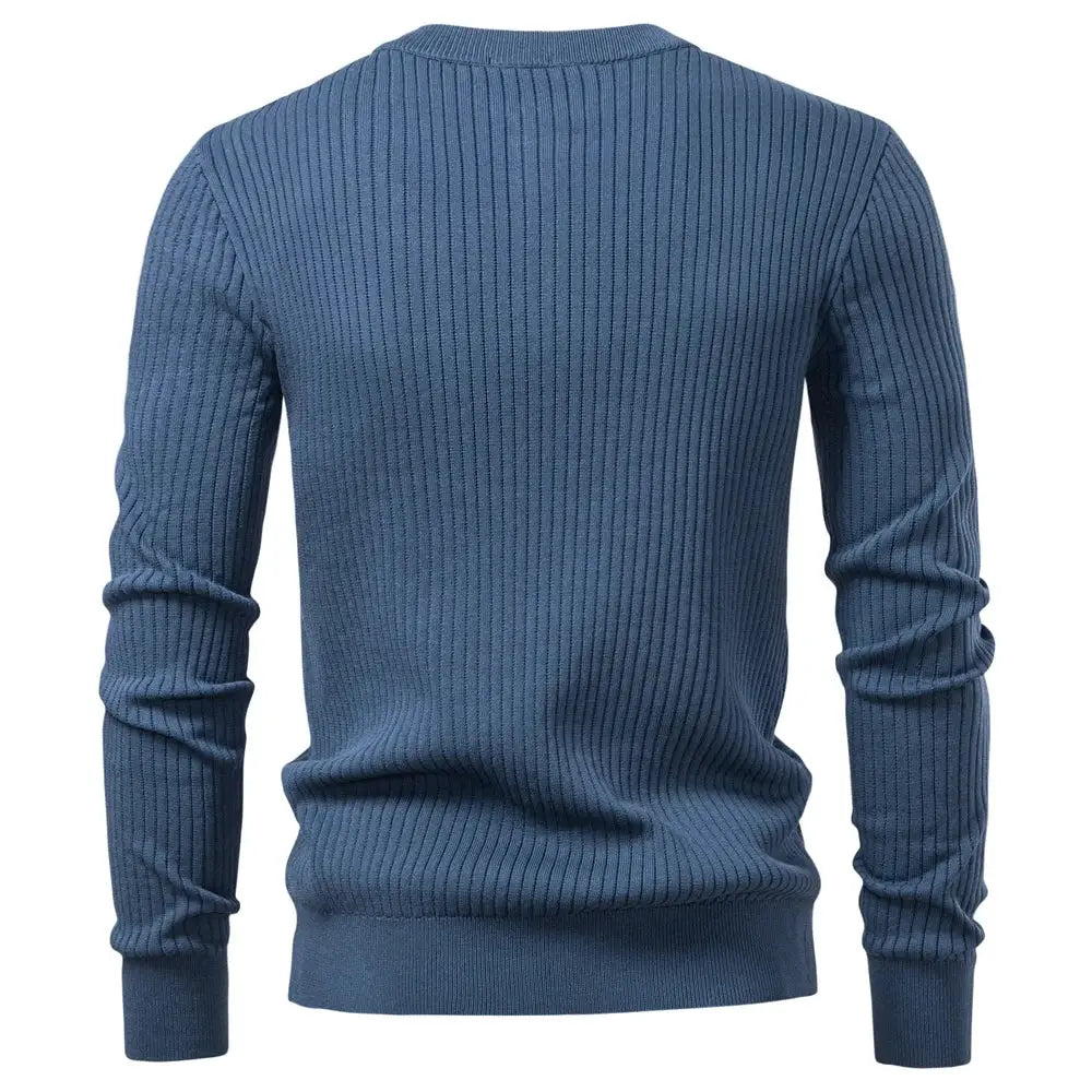 Men's blue ribbed knit long-sleeve top with crew neck and ribbed cuffs