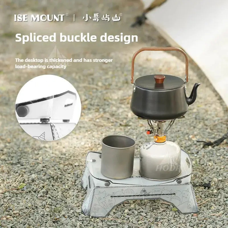 TINSOL Ultralight folding mini camp table in gray PP with kettle on a portable stove