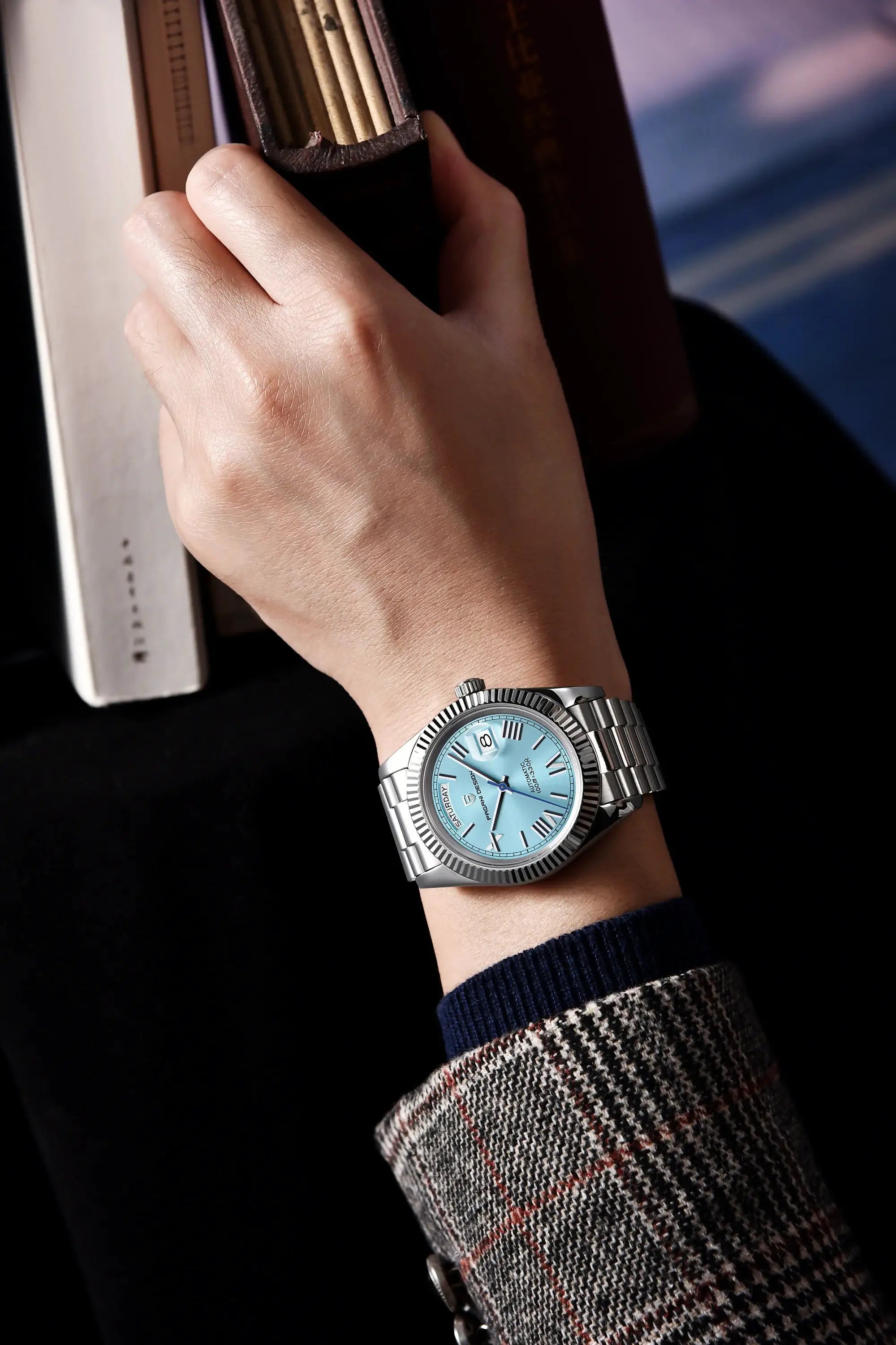 Pagani Design men's automatic watch with light-blue dial and stainless steel bracelet