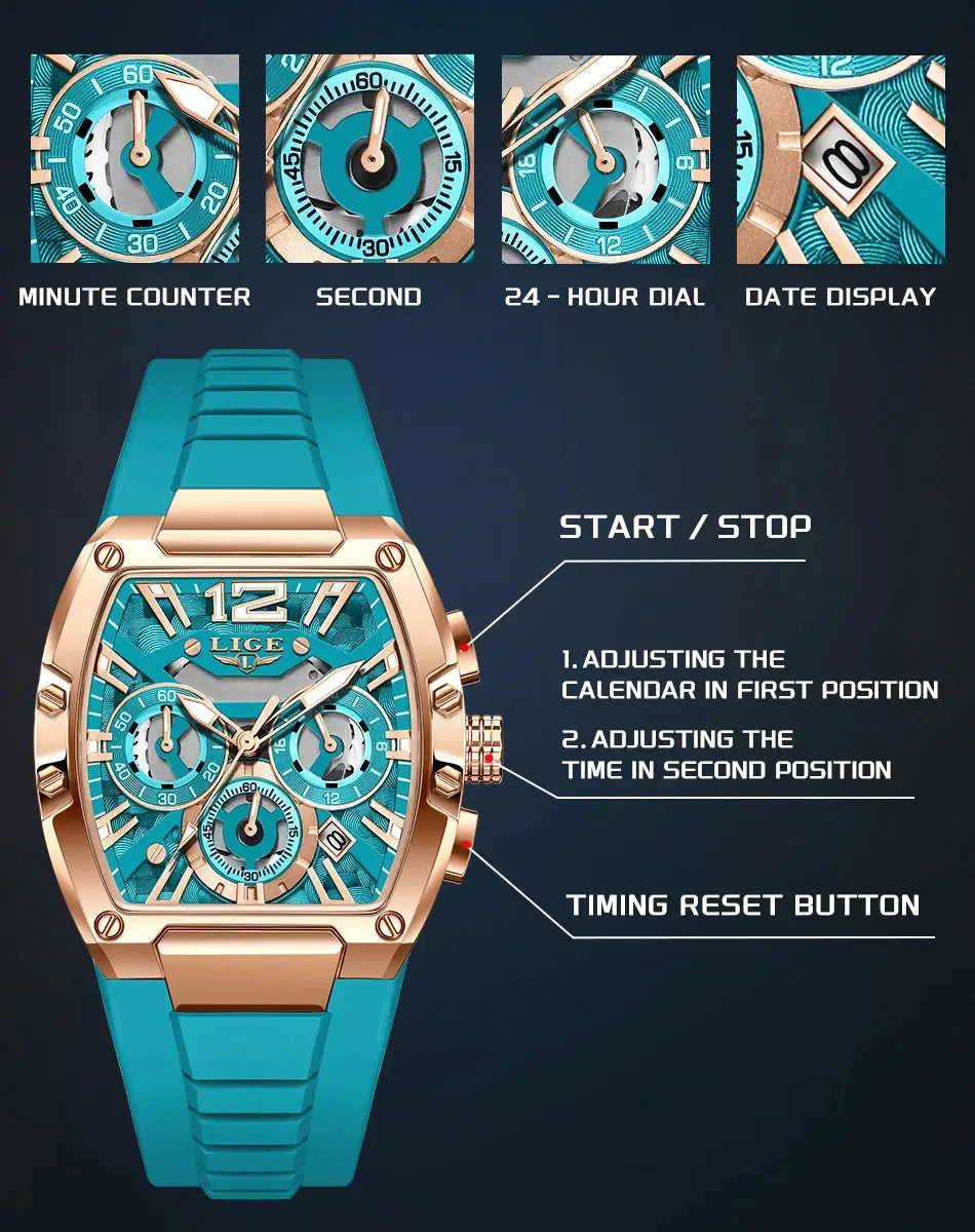 LIGE men's chronograph watch with turquoise dial, rose-gold case and turquoise silicone strap