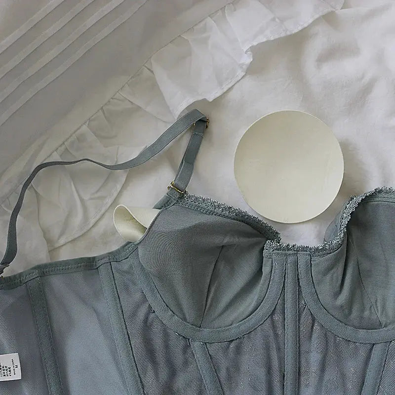 Three-Dimensional Embroidered Bra gray lace bralette with structured cups and steel ring detailing