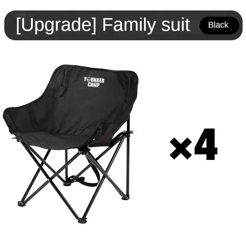 Outdoor folding moon chair, black fabric with metal frame, Younker Camp, 4-pack