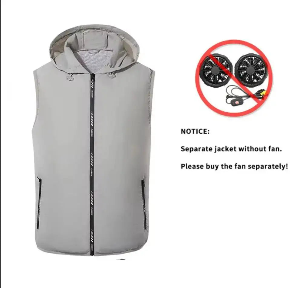 Simples Market ultralight gray sleeveless hooded outdoor vest; windbreaker style, fan not included.