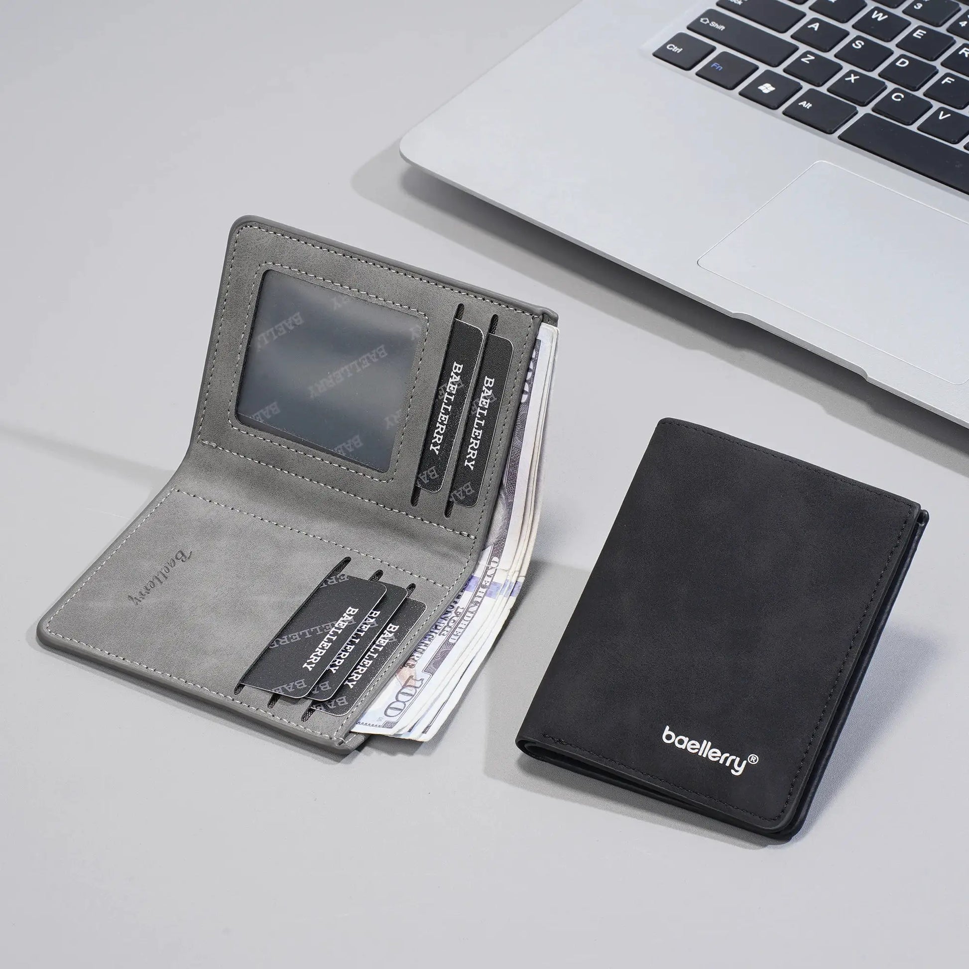 Baellerry men's RFID anti-theft slim bi-fold wallet in gray, open with card slots; two wallets shown.