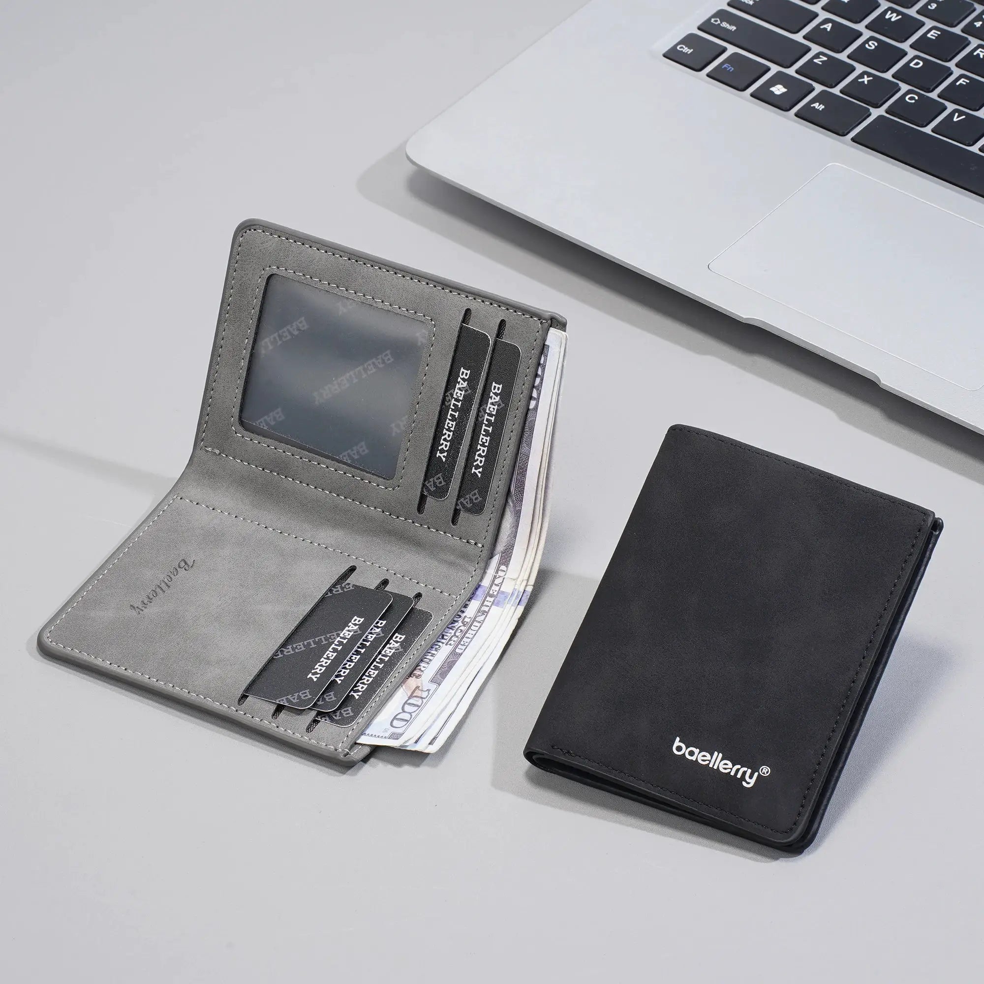 Baellerry men's RFID anti-theft slim bi-fold wallet in gray, open with card slots; two wallets shown.