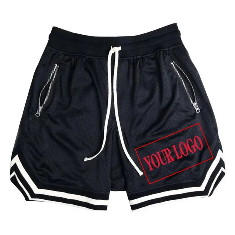 Men's black mesh basketball shorts with white drawstring, zip pockets, and striped hem; logo area.