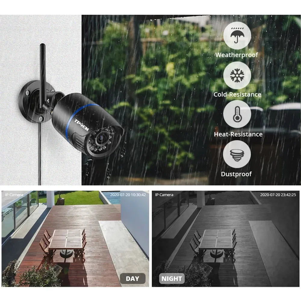 4MP outdoor WiFi bullet security camera, black, weatherproof with day/night surveillance