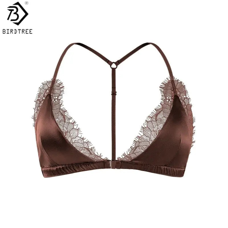 Birdtree 93% silk 7% spandex lace bralette in brown with front closure