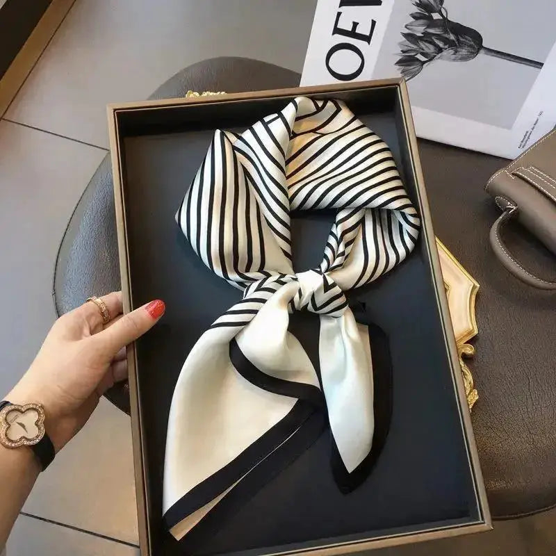 Korean Style Women Striped Brocade Square Scarf 70cm Headscarf for Everyday Wear