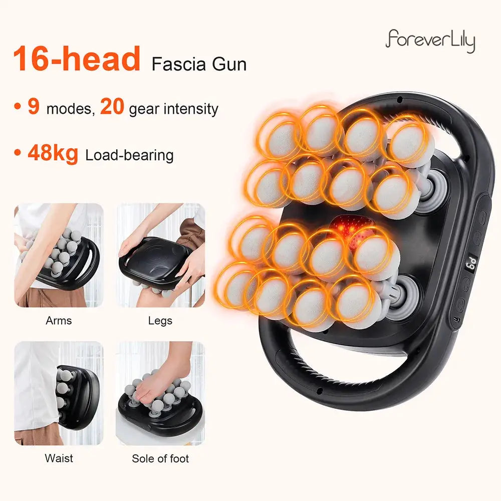 16-head fascia gun massage device by ForeverLily; black handheld massager with orange-ringed heads