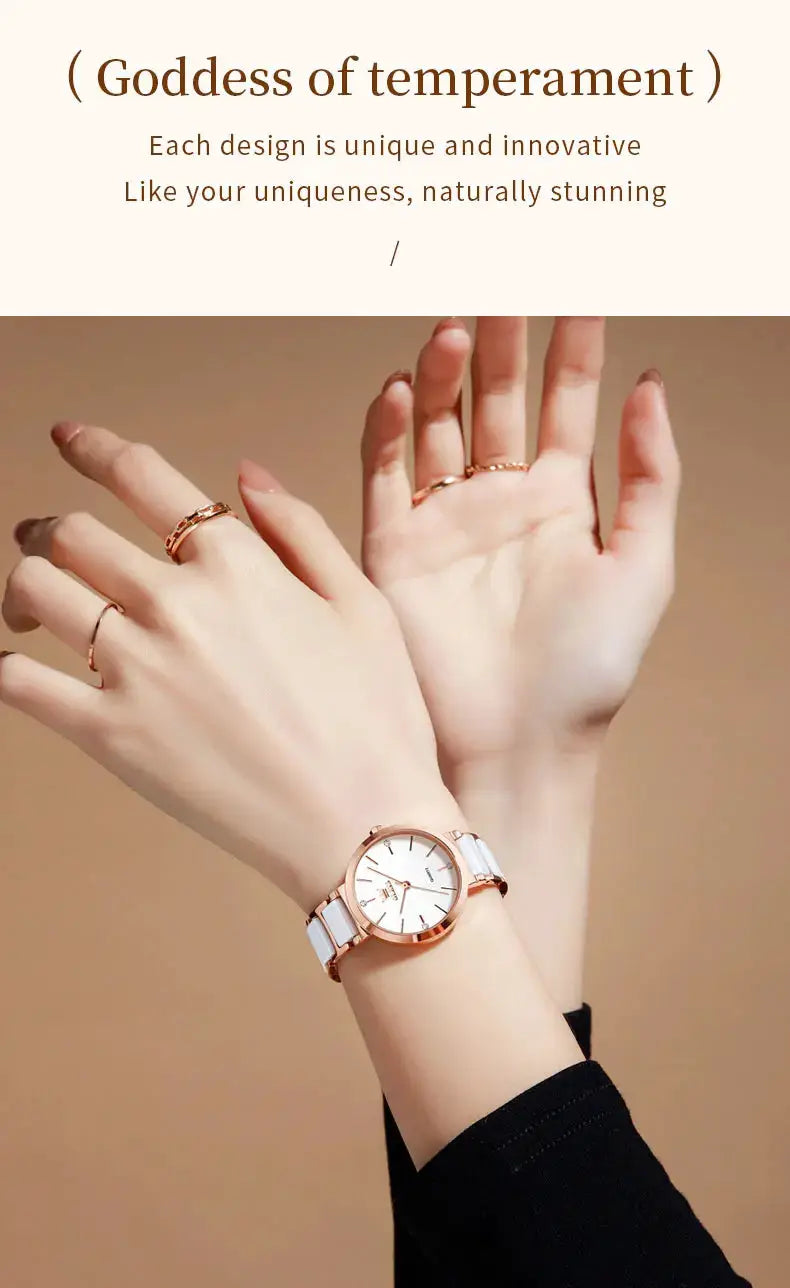 OLEVS 5877 women's wristwatch with rose-gold case and white strap