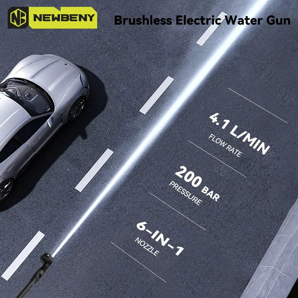 Newbeny 200Bar Brushless High Pressure Washer Gun 6 In 1 Electric Cordless Garden Washing Water Spray For Makita Battery