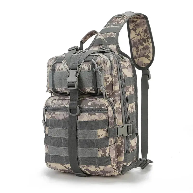 Tactical sling bag in camouflage with MOLLE webbing and multiple pockets.