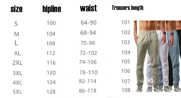 Simples Market men's cotton linen jogger pants in five colors with drawstring; size chart S-5XL.