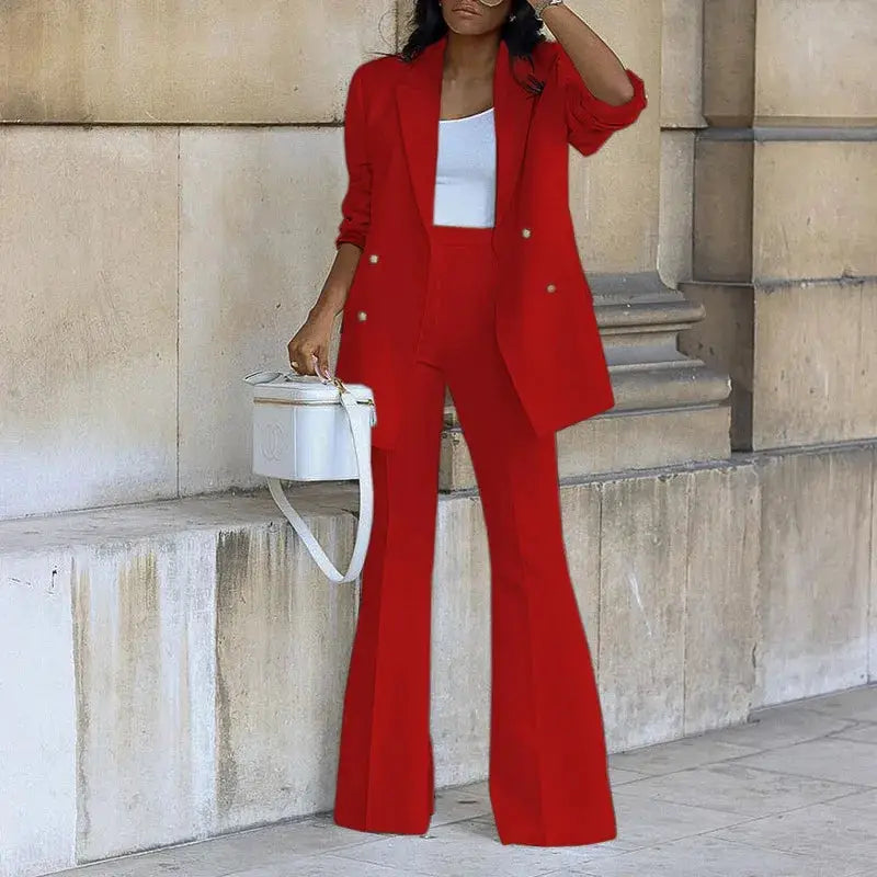 Women's red blazer and high-waisted straight-leg pants 2-piece suit set for business casual office wear